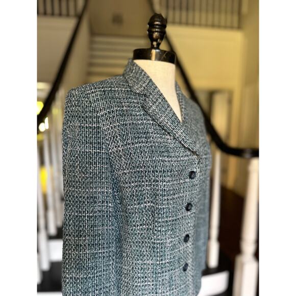 Y2K Blue Wool Tweed Blazer Professional Career Office Church Fall Winter Modest - Picture 4 of 11